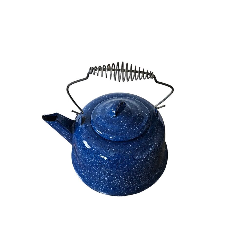 Vintage Enamel Ware Blue Speckled Tea Pot Camping Wire Spiral Handle